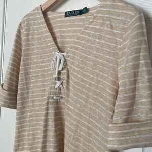 Lauren by Ralph Lauren short sleeve striped scoop neck lace-up tan classic top